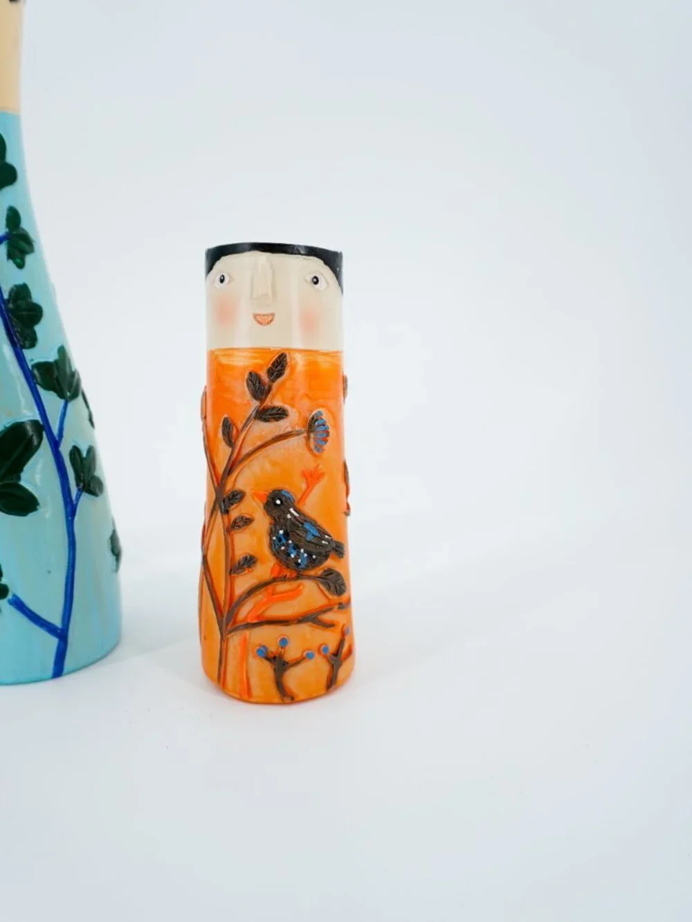 Set of 3 Hand Painted Ceramic Face Cylinder Vases, Women Floral Bird Decor